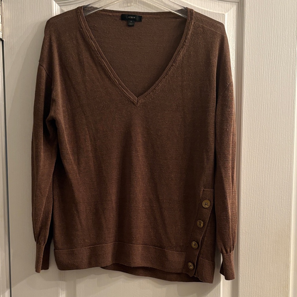 JCrew Chocolate Brown V-Neck Sweater with Button Accents size M